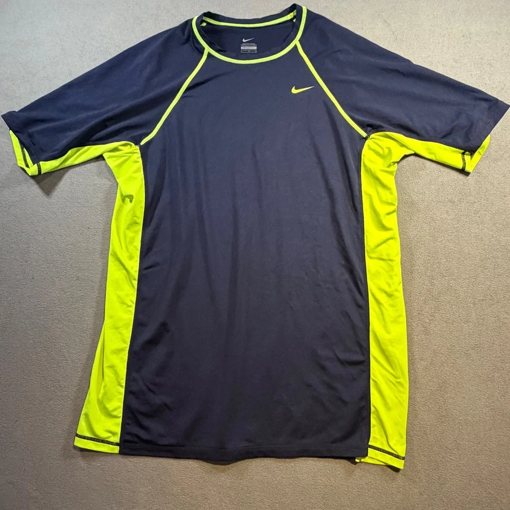Nike Pro Combat Mens Large Navy Blue Neon Volt Green Short Sleeve Training Shirt
